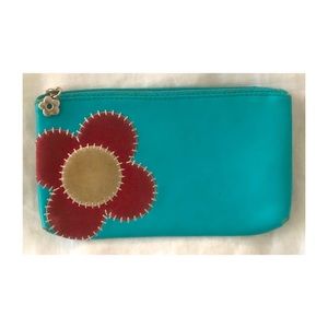 Little Turquoise Blue Leather Purse Pouch with Felt Flower Patch